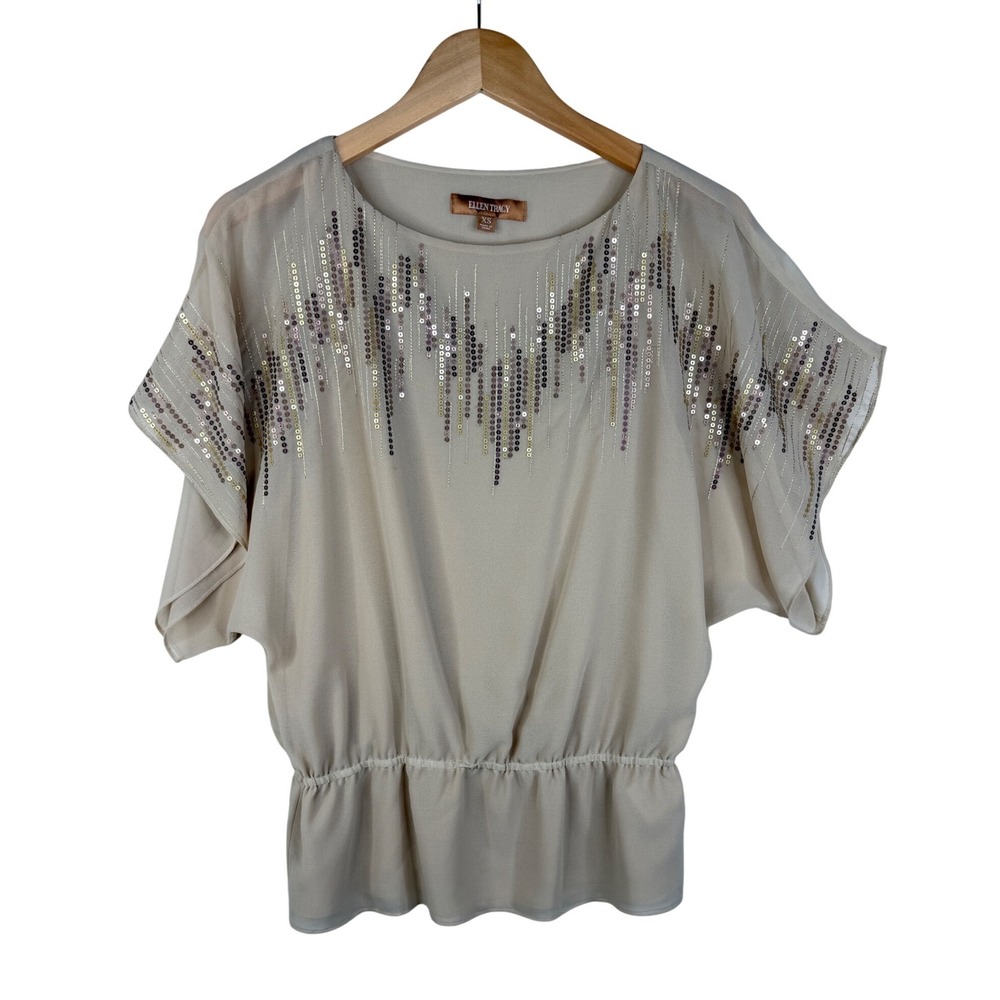 Ellen Tracy Boat Neck Sequin Chiffon Dolman Sleeve Blouse size XS Tan/Gold‎